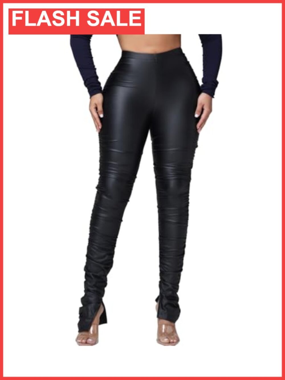 Faux Leather Leggings High Waisted Stacked Tight Pants with Slits